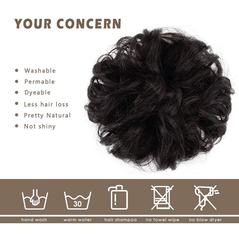 BARSDAR 100% Human Hair Bun Extension - Real Human Hair Black Messy Bun Scrunchie for Women - Elastic Wavy Updo Extensions Thick Soft Fluffy Natural Looking Chignons Hairpieces - Natural Black - Image 4